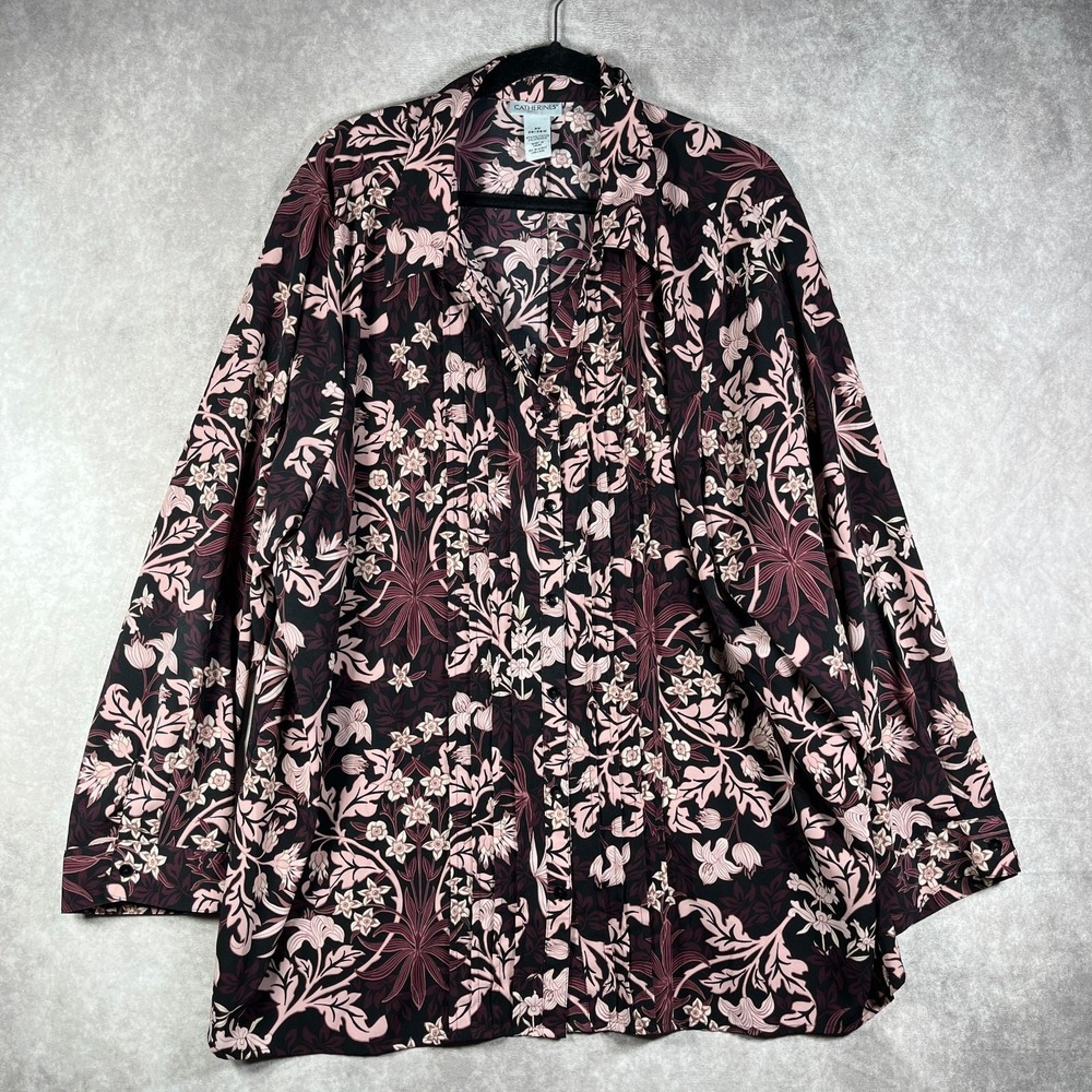 Catherines Blouse Women Size 3X 26/28W Purple Floral Tunic Button Up Arts Mature